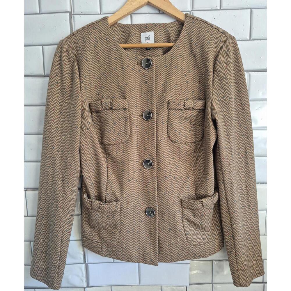 Cabi 3170 Penny Blazer Ladies Tan Herringbone Print Long Sleeve Blazer